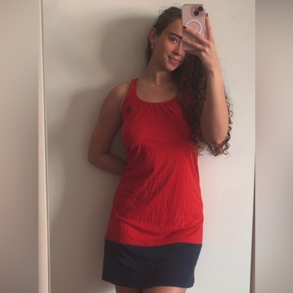 Lauren Ralph Lauren Red & Navy Color Block Cotton Embroidered Monogram Dress - Picture 3 of 9